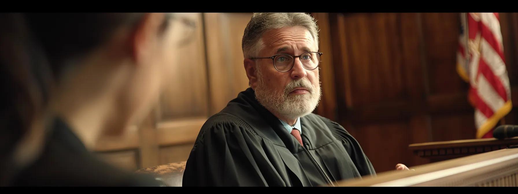a focused courtroom scene captures a lawyer passionately presenting a case about the financial implications of divorce on retirement income, with the judge attentively evaluating the significance of lost pension and social security benefits.