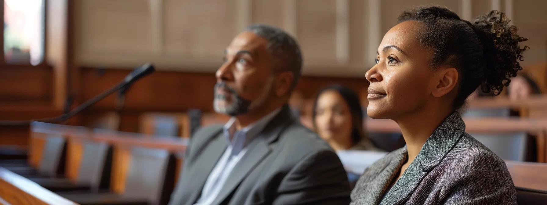 a poised adoptive couple attentively listens in a modern courtroom, as an authoritative judge discusses evolving adoption laws, symbolizing their commitment to ongoing learning and legal preparedness in their parenting journey.
