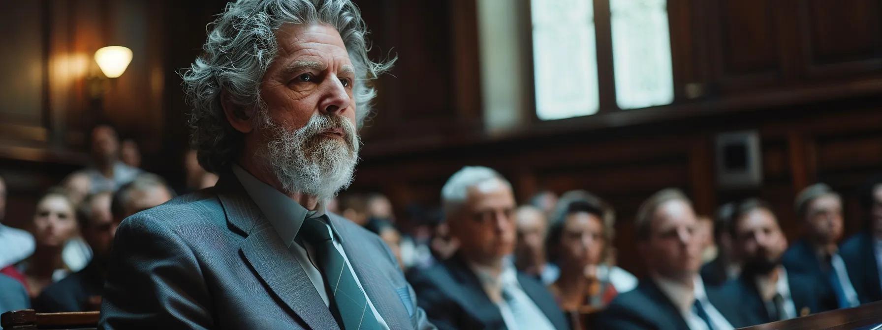 a tense courtroom scene where a lawyer presents detailed documents outlining retirement assets, with a focused judge and discerning audience in the background, emphasizing the critical nature of financial planning during divorce proceedings.