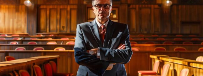 a tense courtroom setting captures a focused lawyer presenting a compelling case before an attentive judge, with intense expressions and dramatic overhead lighting illuminating their determination in the fight for justice.